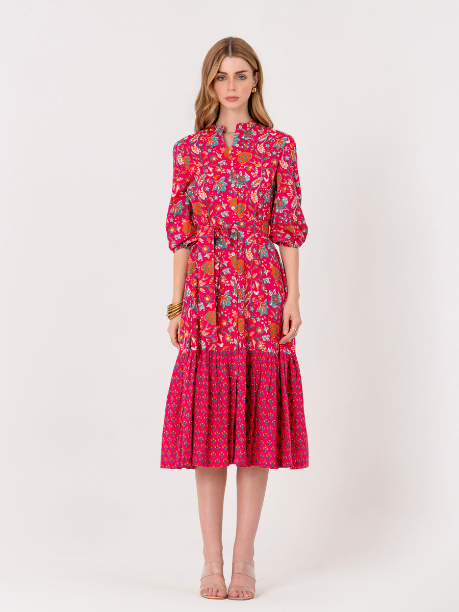 pink floral tiered midi dress Pink Floral Tiered Dress M