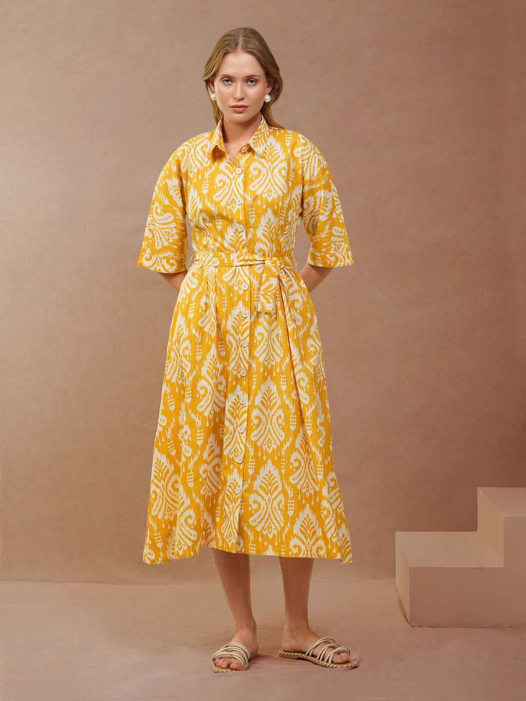 yellow dress with brown belt Yellow Short Dress with Belt, Fit & Flare Dress with Pockets, Balloon Sleeves, Cotton, Customizable, Plus Size Dress, Petite, Tall etsw