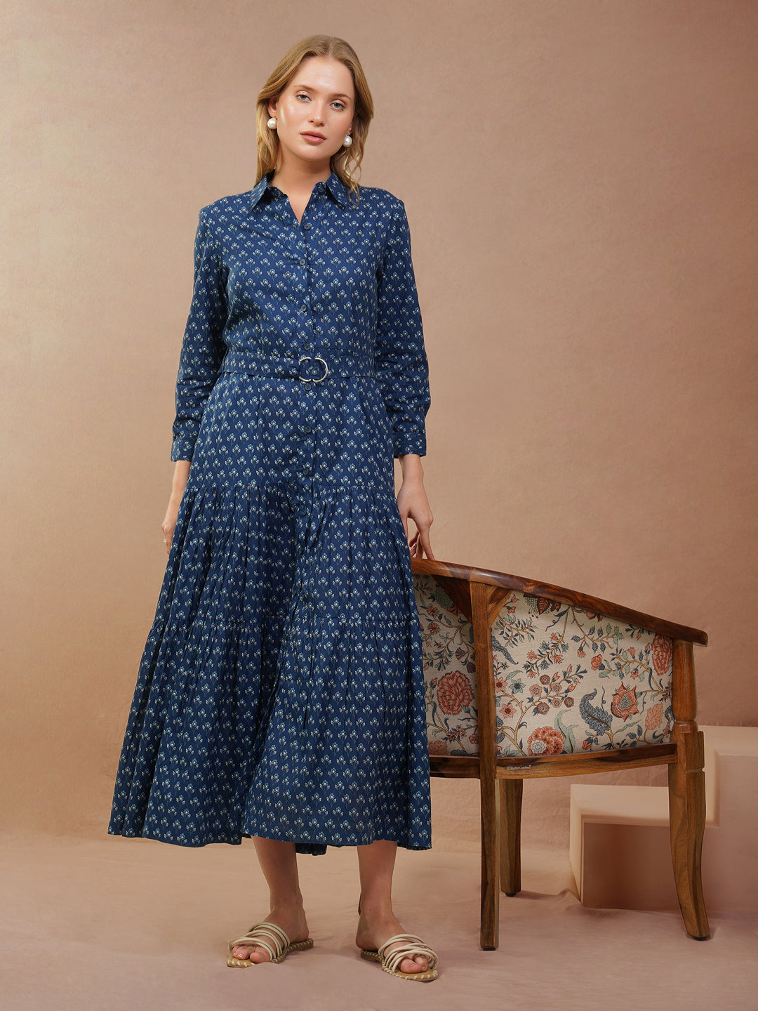 Navy Blue Bohemian Long Dress with Belt - Main Image