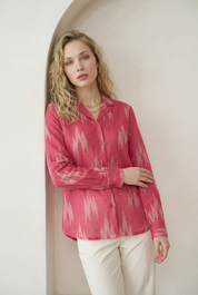 Fuchsia Pink Ikat Lapel Collared Shirt