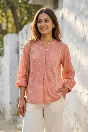 Peach Bandhej Mandarin Collar Shirt