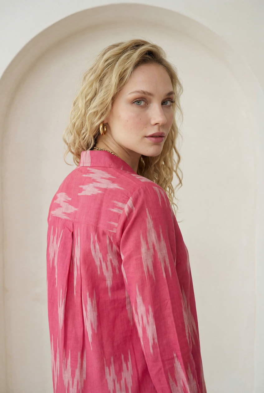 Fuchsia Pink Ikat Lapel Collared Shirt