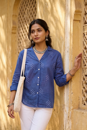 Blue Bandhej Lapel Collared Shirt