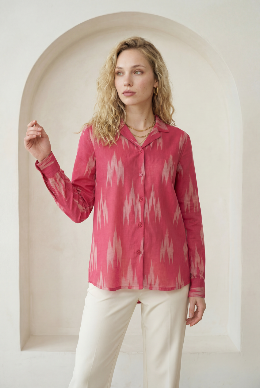 Fuchsia Pink Ikat Lapel Collared Shirt