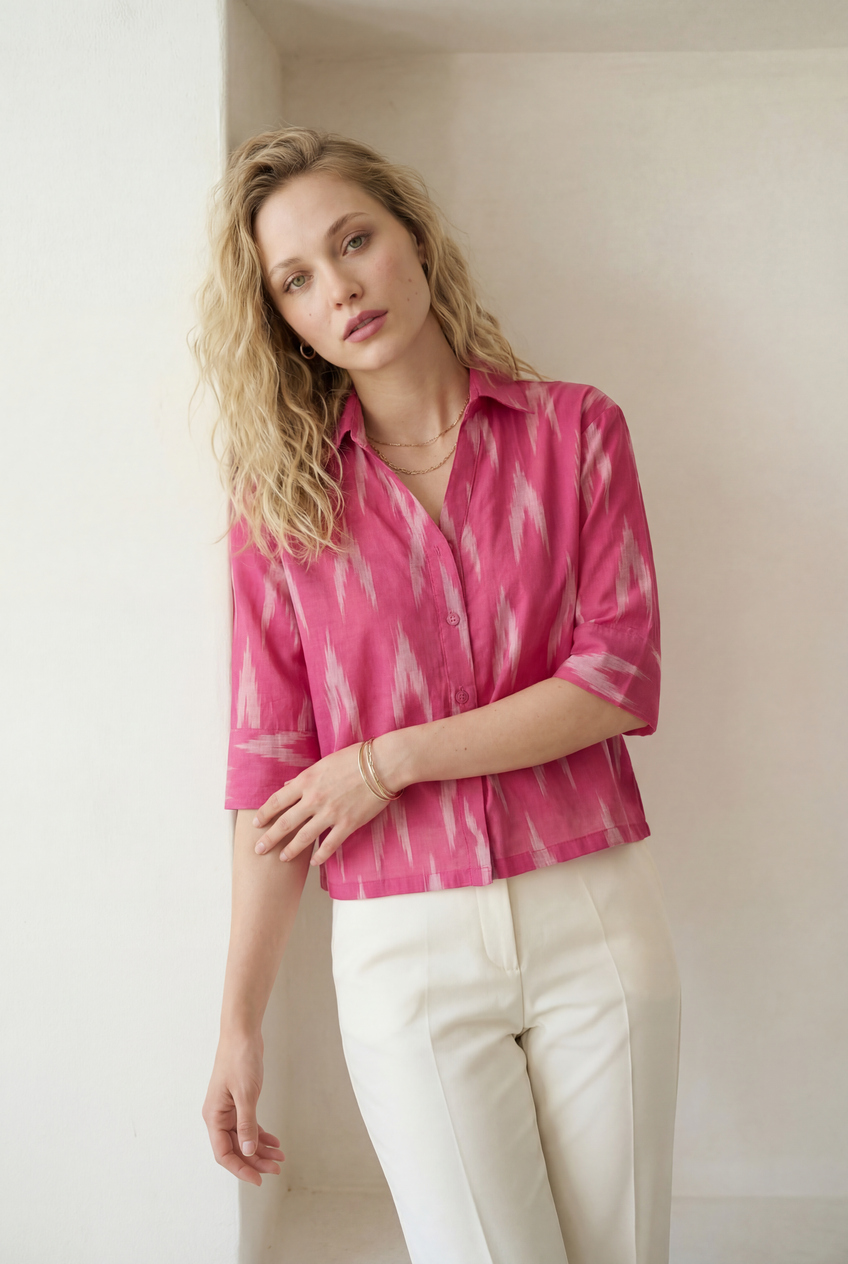 Berry Pink Ikat Three-Quarter Sleeve Shirt