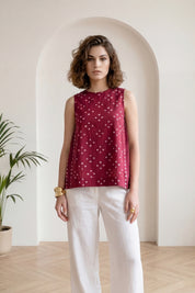 Dark Pink Bandhej Side Gathered Top
