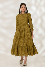 Green Bandhej Gathered Dress