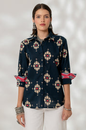 Blue Ikat Cuff Accent Shirt