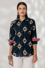 Blue Ikat Cuff Accent Shirt