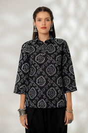 Black Bandhej Collared Top