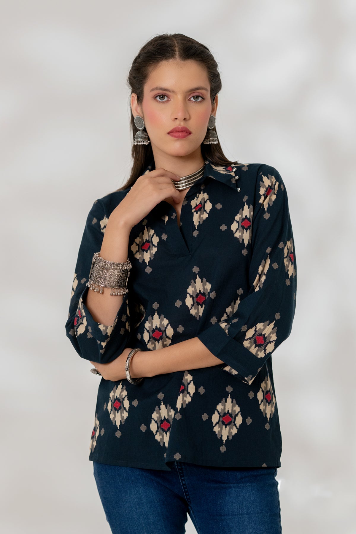 Blue Ikat Collared Top