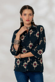 Blue Ikat Collared Top