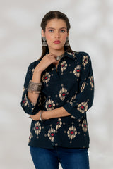 Blue Ikat Collared Top