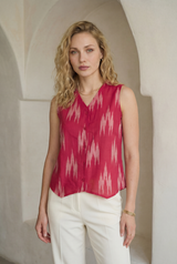 Fuchsia Pink Ikat Button Top
