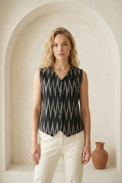 Charcoal Black Ikat Button Top