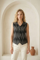 Charcoal Black Ikat Button Top