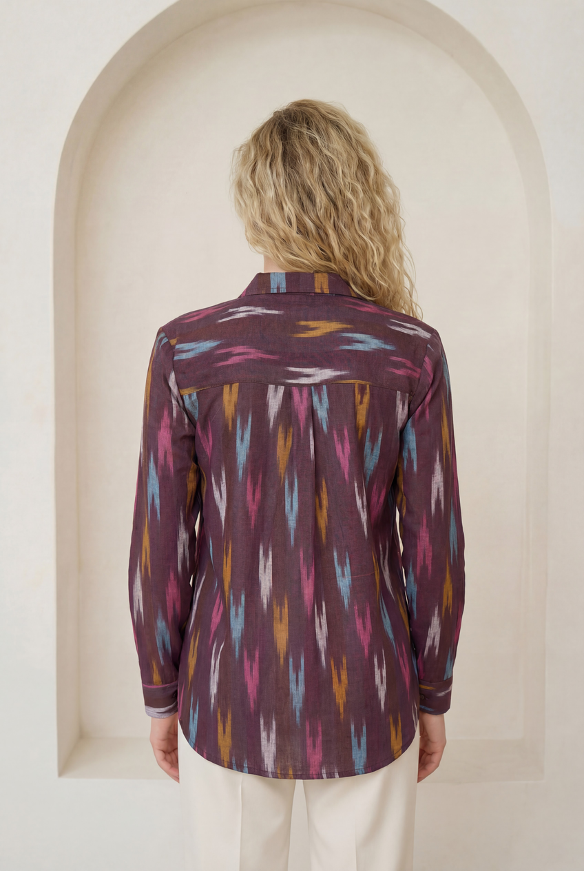 Brown Ikat Lapel Collared Shirt