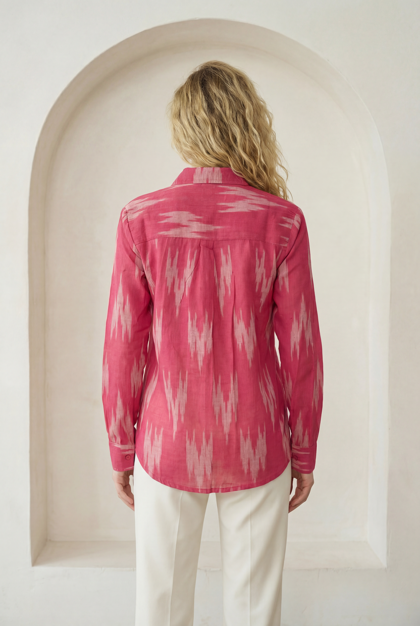 Fuchsia Pink Ikat Lapel Collared Shirt