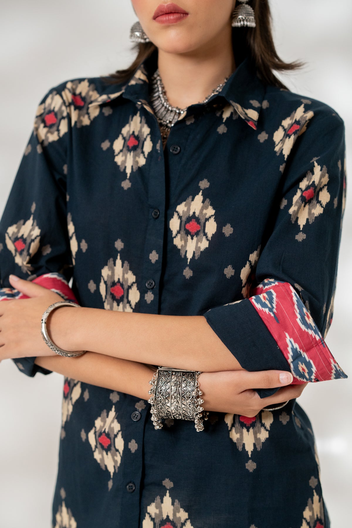 Blue Ikat Cuff Accent Shirt
