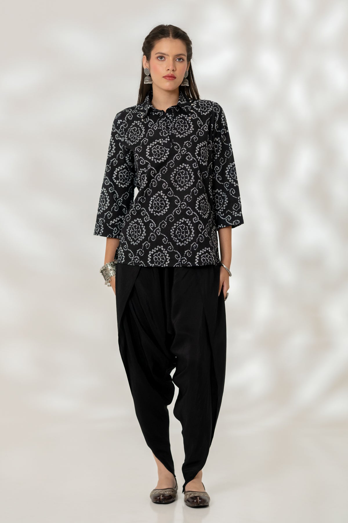 Black Bandhej Collared Top