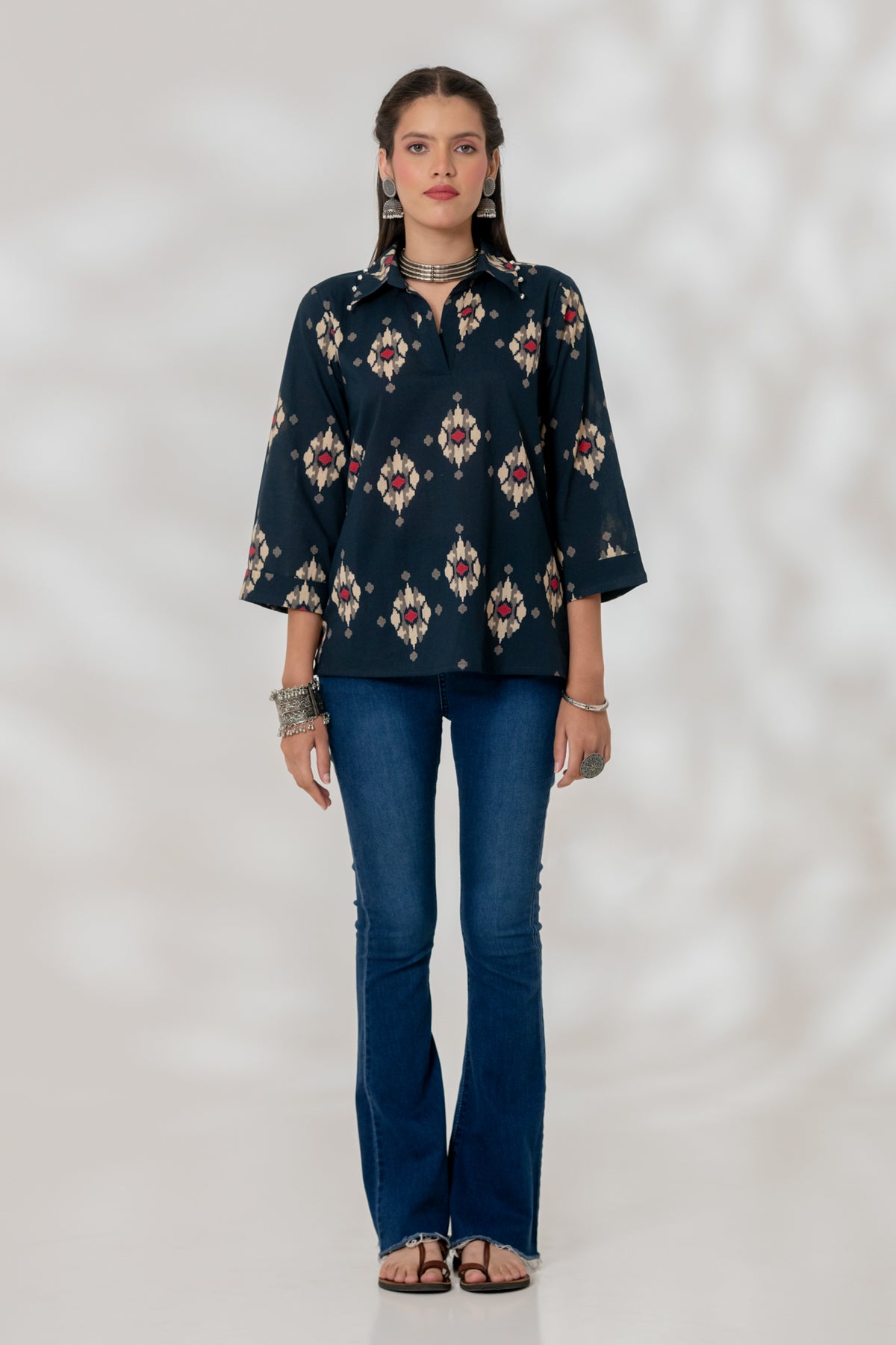 Blue Ikat Collared Top