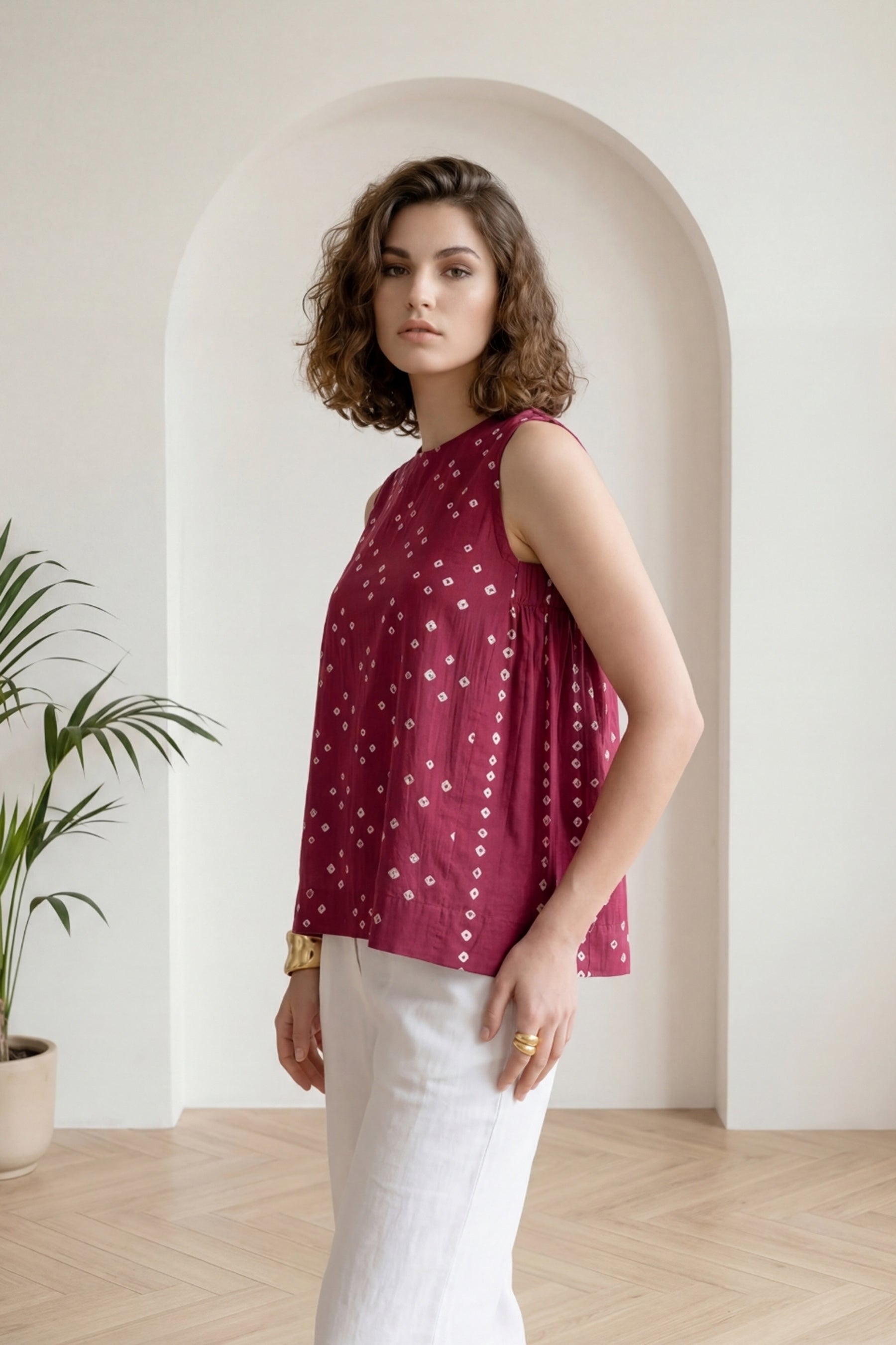 Dark Pink Bandhej Side Gathered Top