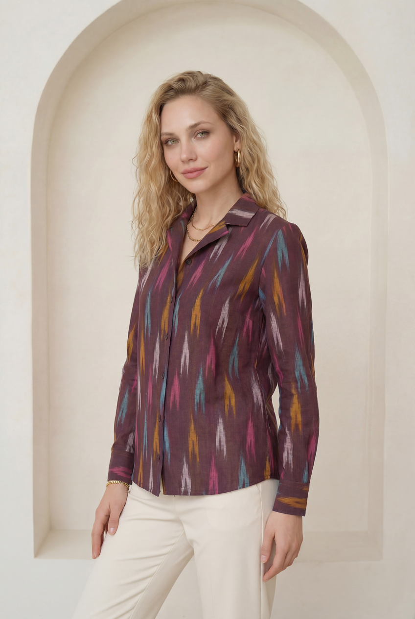 Brown Ikat Lapel Collared Shirt