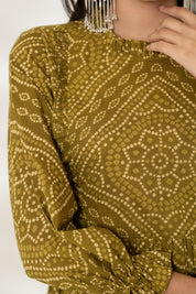 Green Bandhej Gathered Dress