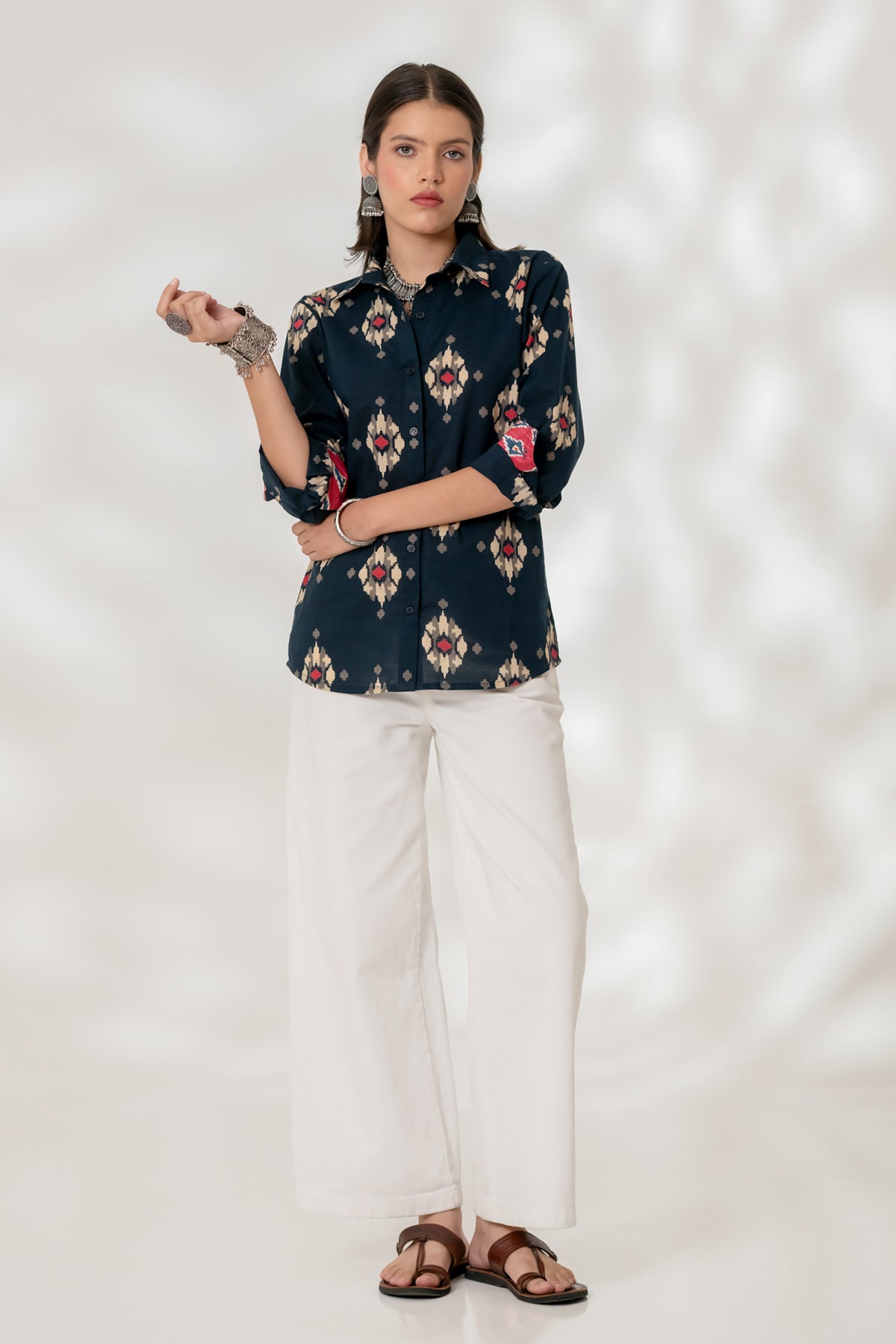 Blue Ikat Cuff Accent Shirt