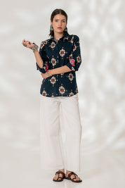 Blue Ikat Cuff Accent Shirt