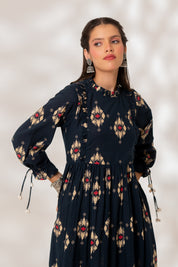 Blue Ikat Gathered Dress