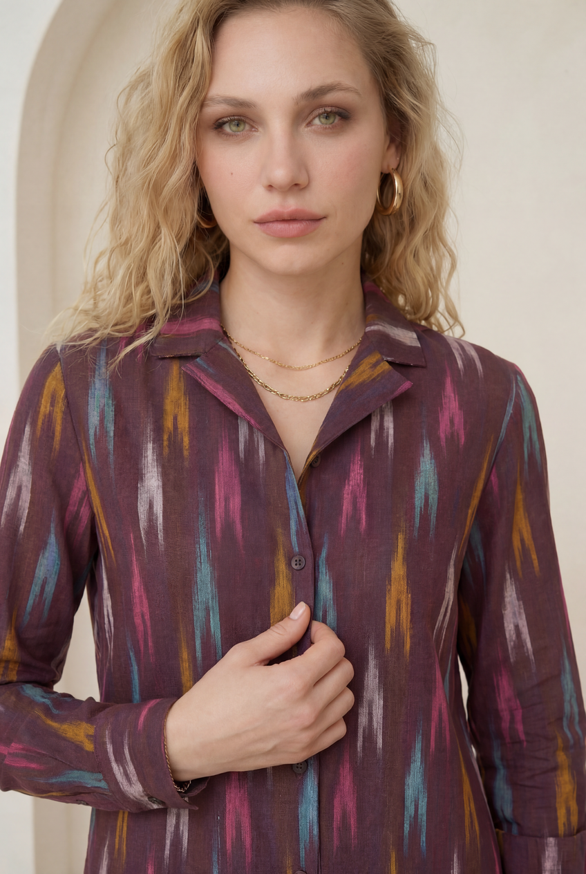 Brown Ikat Lapel Collared Shirt