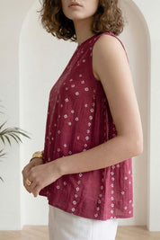 Dark Pink Bandhej Side Gathered Top