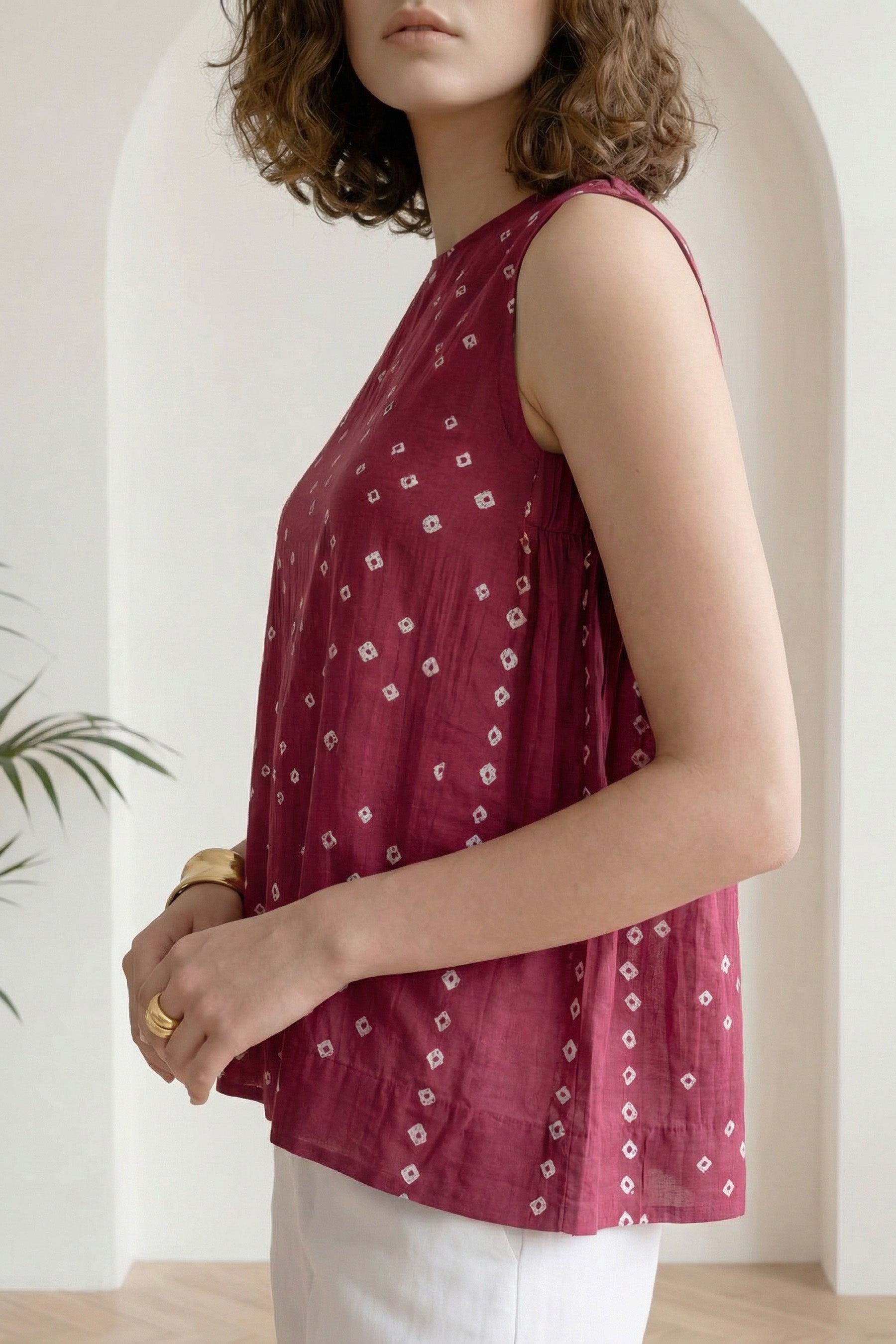 Dark Pink Bandhej Side Gathered Top