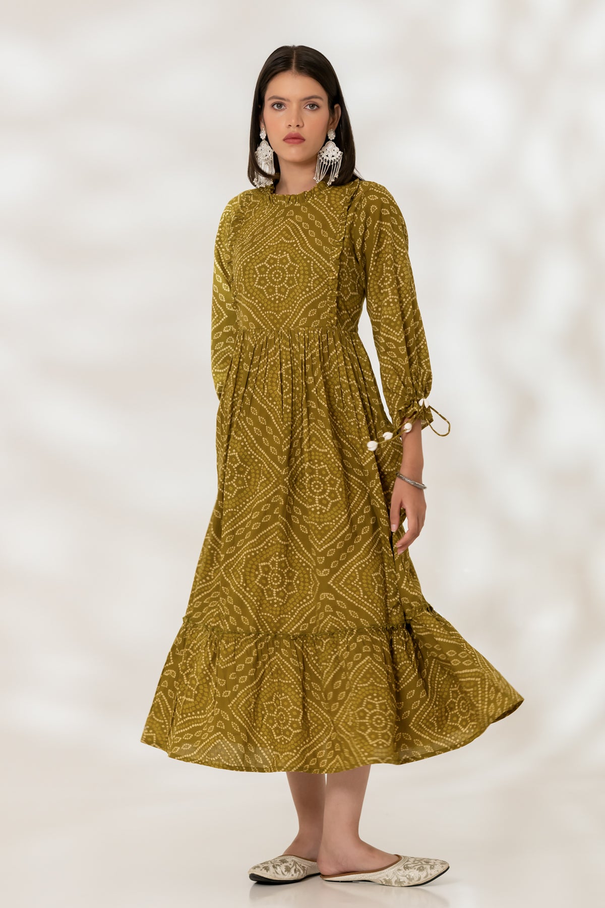 Green Bandhej Gathered Dress