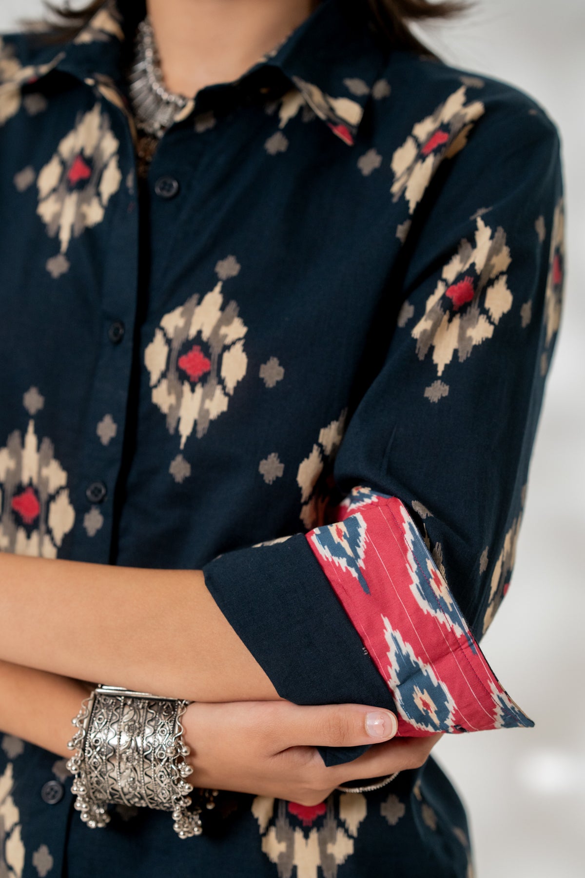 Blue Ikat Cuff Accent Shirt