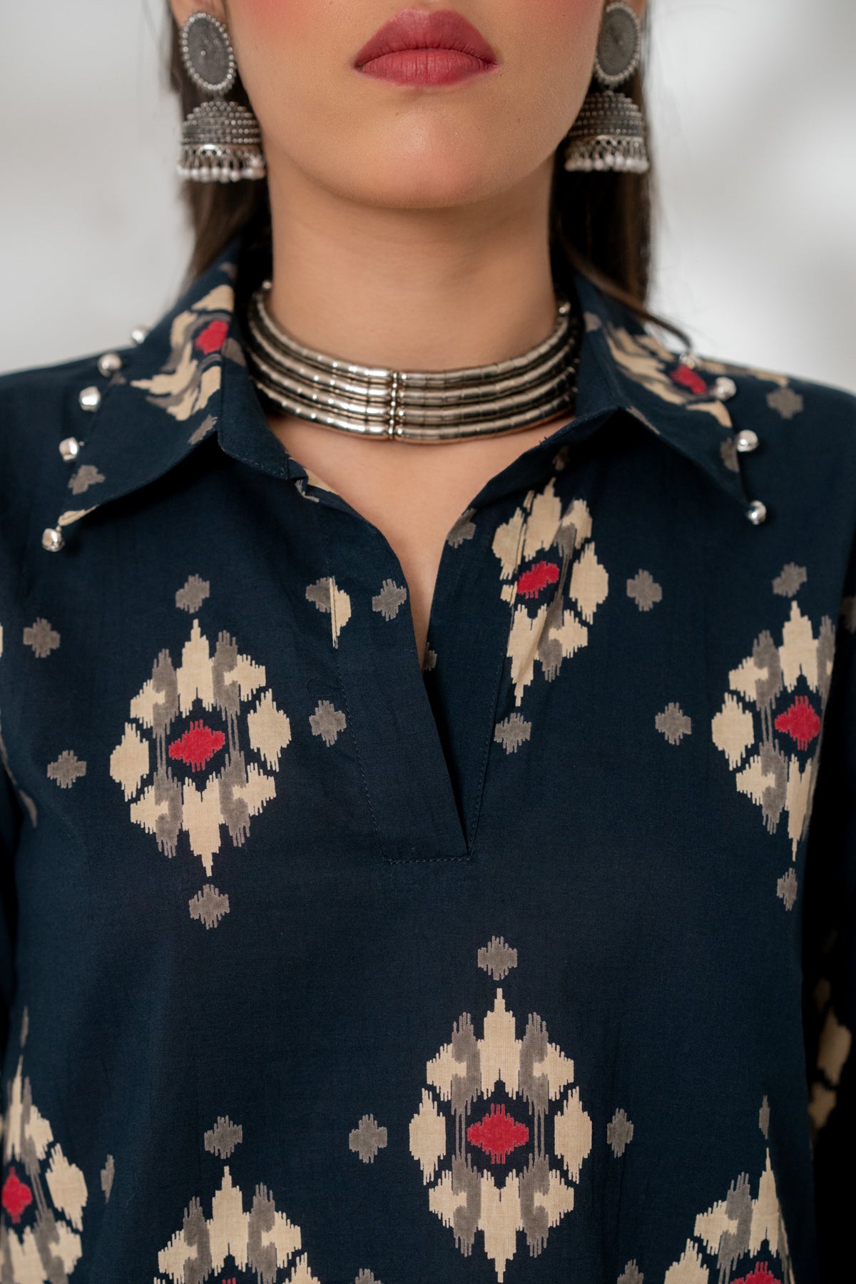 Blue Ikat Collared Top