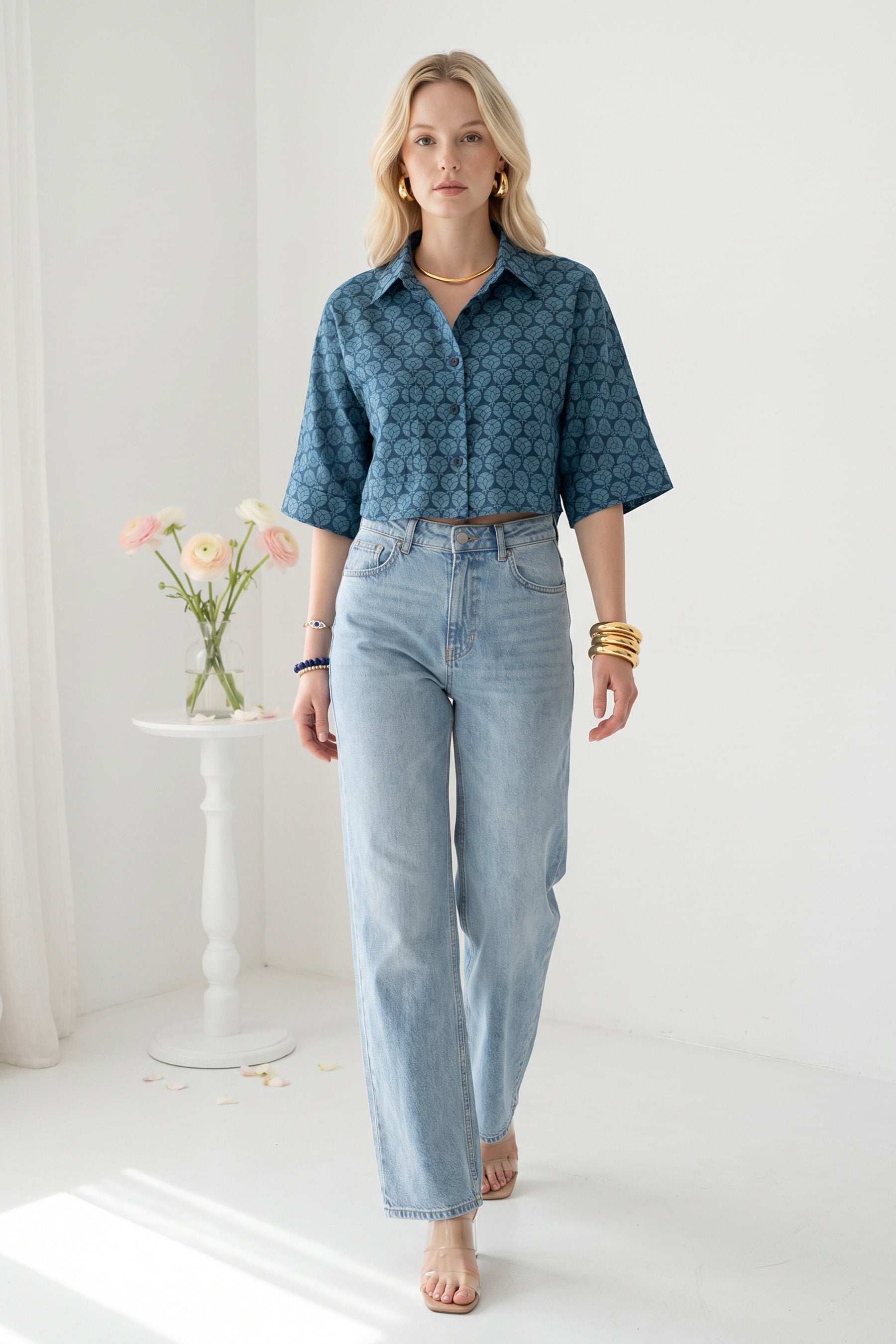 Blue Mosaic Cropped Shirt