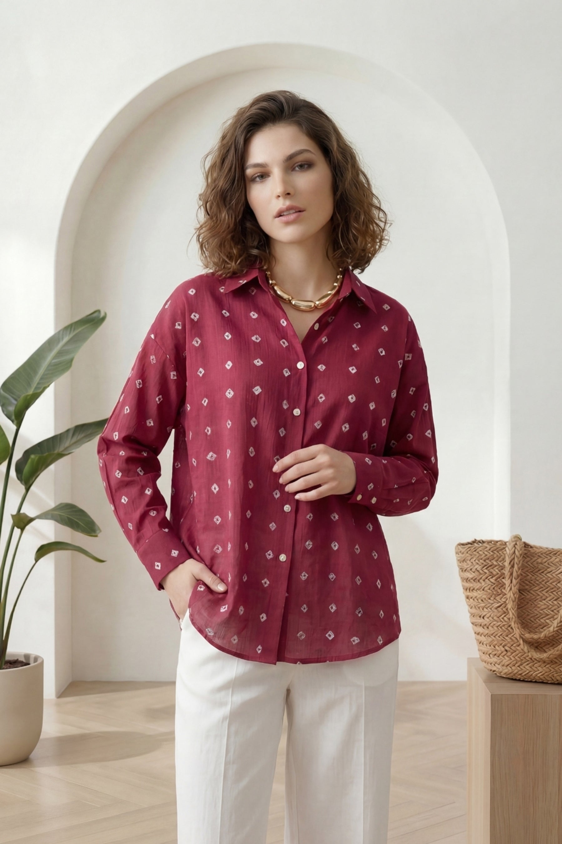 Dark Pink Bandhej Full-Sleeve Shirt