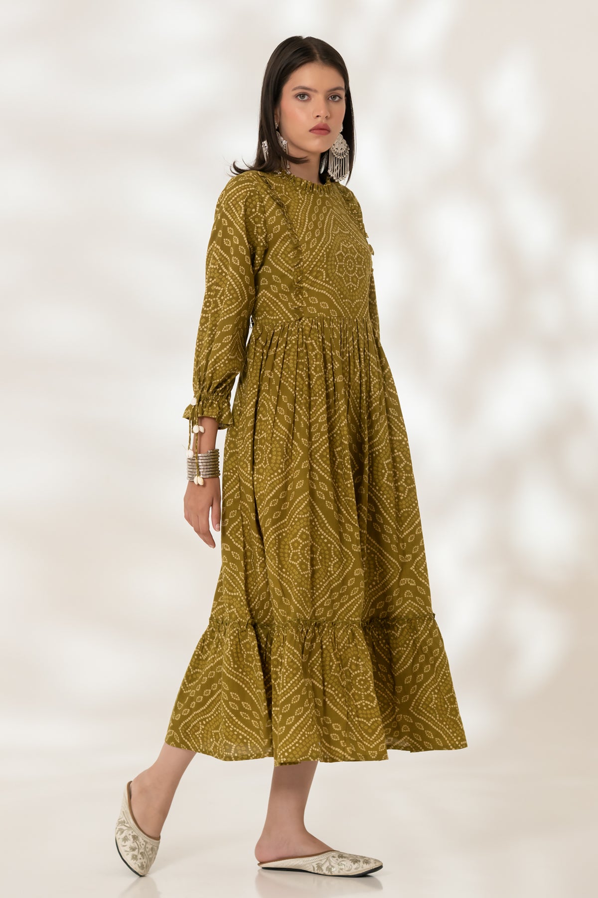 Green Bandhej Gathered Dress