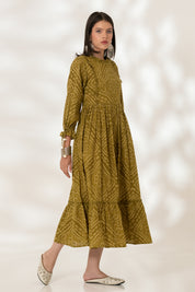 Green Bandhej Gathered Dress