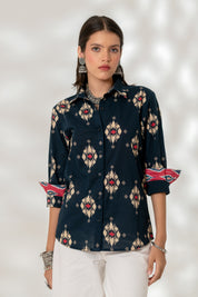 Blue Ikat Cuff Accent Shirt