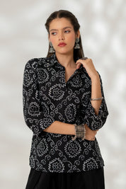 Black Bandhej Collared Top