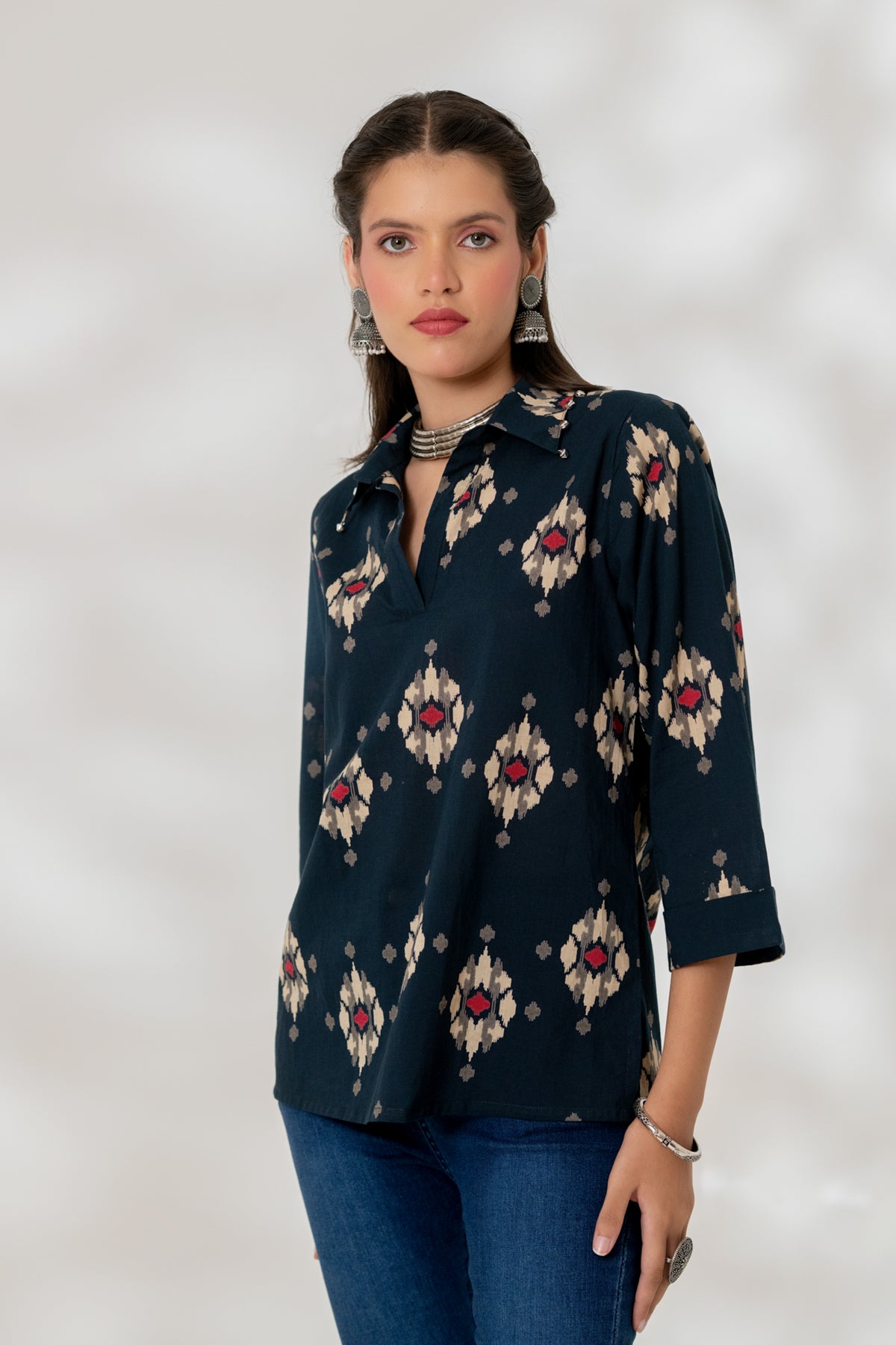 Blue Ikat Collared Top