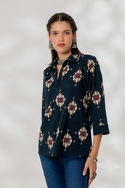 Blue Ikat Collared Top