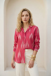 Fuchsia Pink Ikat Lapel Collared Shirt