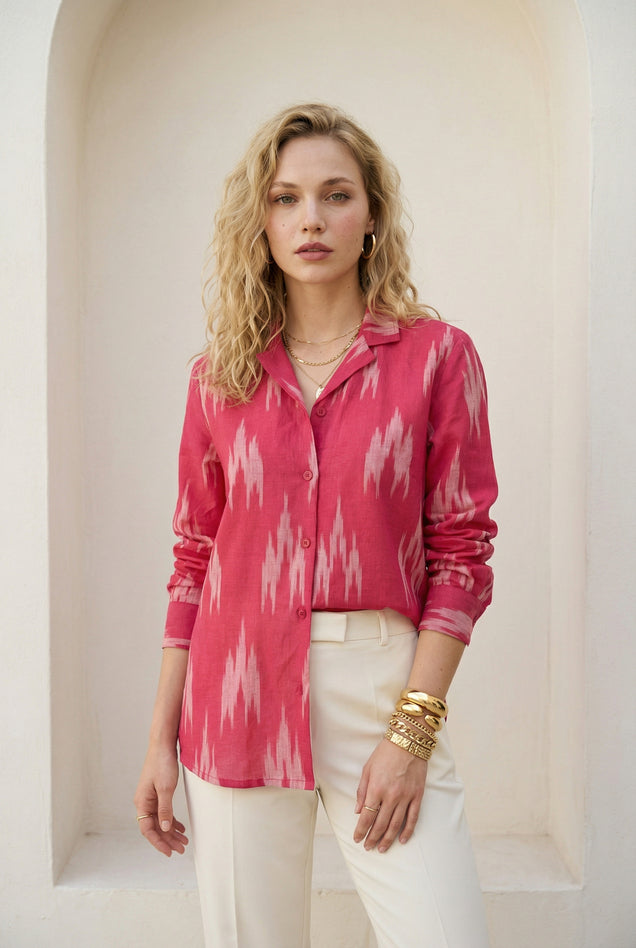 Fuchsia Pink Ikat Lapel Collared Shirt