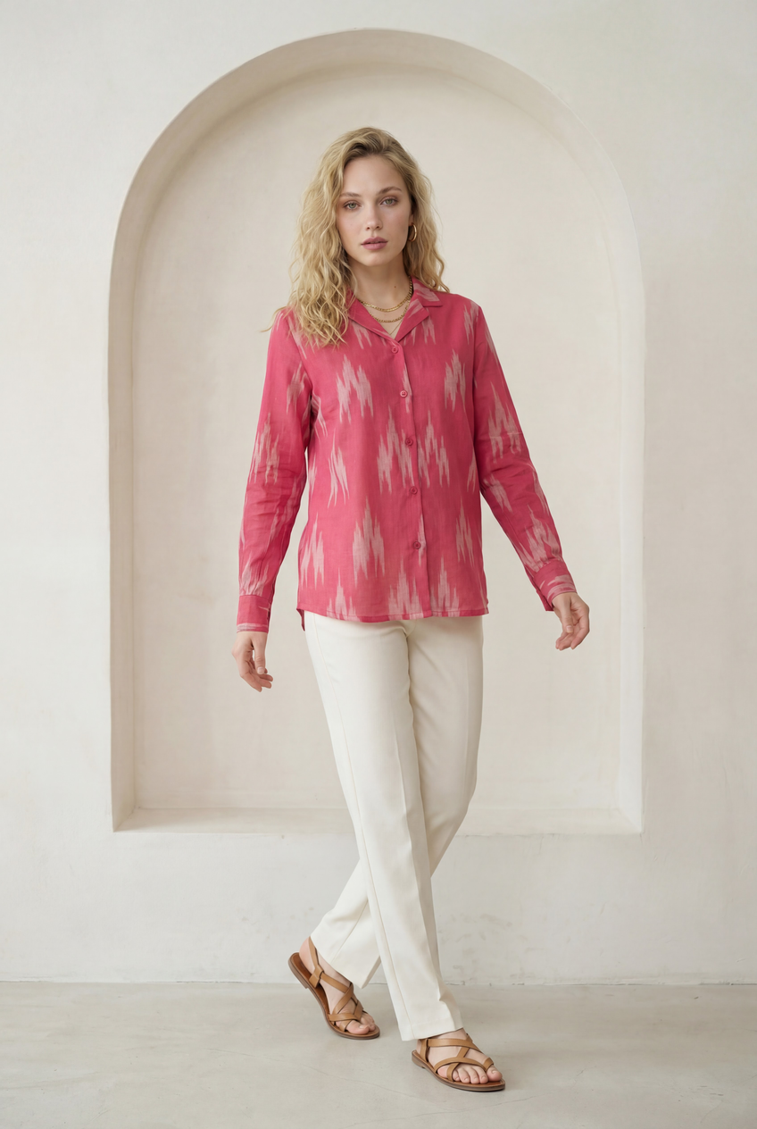 Fuchsia Pink Ikat Lapel Collared Shirt