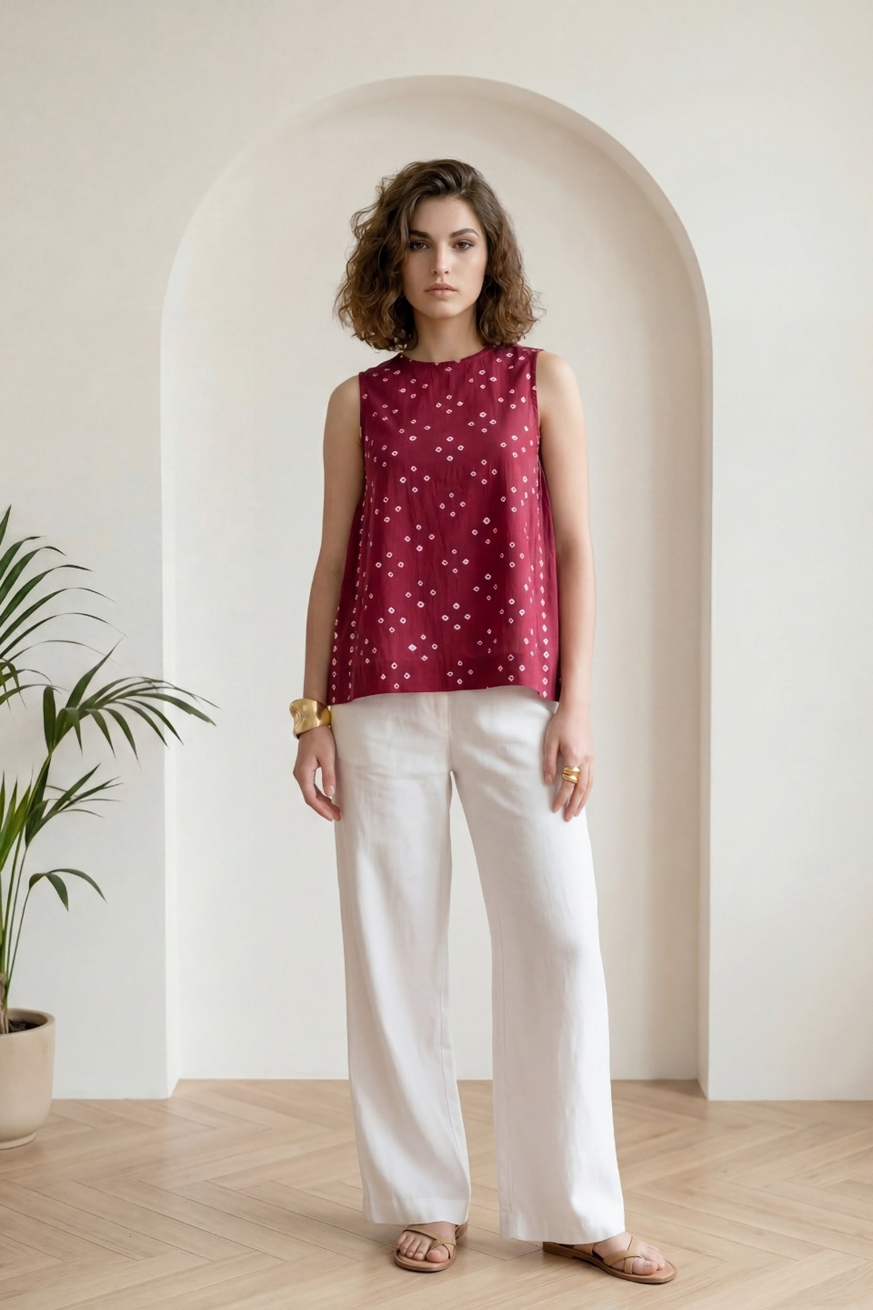 Dark Pink Bandhej Side Gathered Top