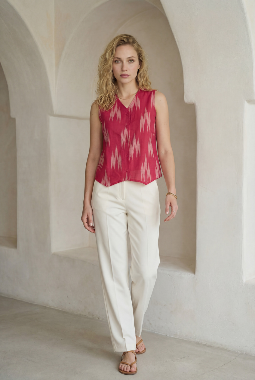 Fuchsia Pink Ikat Button Top